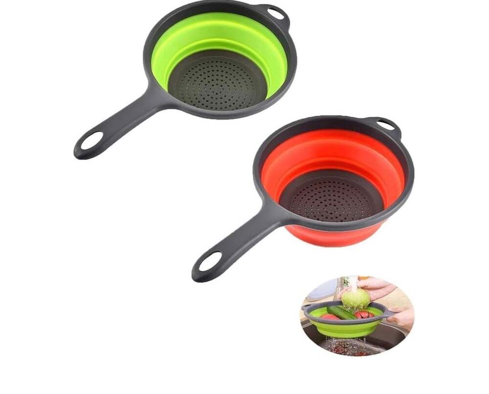 2 Pack Kitchen Foldable Silicone Strainers with Handles Red Green